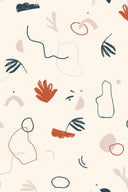 Vue à plat du tissu Sandstorm écru, motif répété de formes organiques abstraites orange et marine.