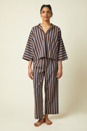 Pyjamas pattern – Front view, set pyjamas striped brown and blue, loose kimono top and wide trousers – Atelier Brunette